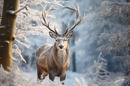 Deer in the winter forest. Beautiful deer in winter forest.の素材