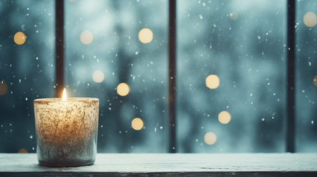 Candle in windowsill against on a background of snowy forest and snow-covered trees outside the windowの素材