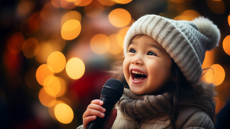 Little Girl Singing Microphone wearing a Hatの素材