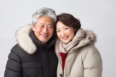 Smiling Senior Japanese Man and Woman on a Christmas Backgroundの素材