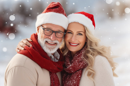 Merry Senior Man and Woman in Santa Hat on a Christmas Backgroundの素材