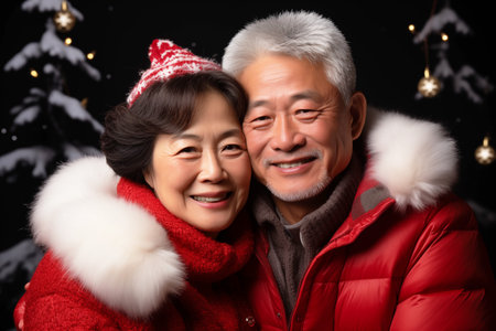 Smiling Senior Japanese Man and Woman on a Christmas Backgroundの素材