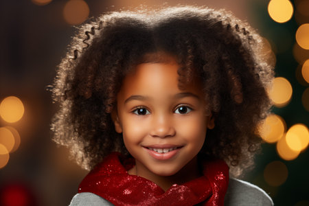 Smiling Black Girl on a Light Background in the Christmas Spiritの素材