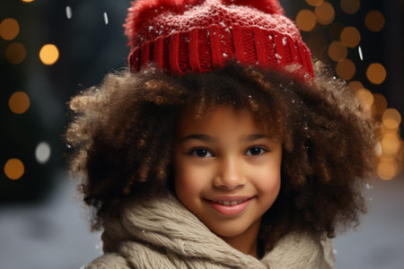 Smiling Black Girl on a Light Background in the Christmas Spiritの素材