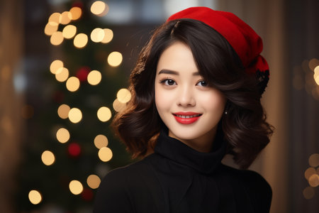 Happy Japanese Woman on a Light Background in the Christmas Spiritの素材