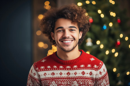 Happy Man in Christmas Sweater on a Holiday Backgroundの素材