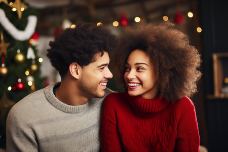 Happy Black Woman and Man Wearing Christmas Jumpers on a Holiday Background. Festive Joyの素材