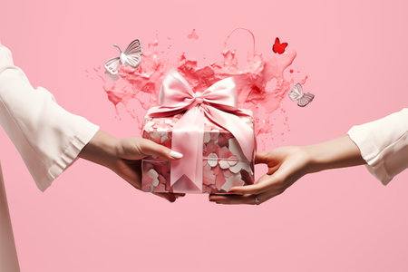 Hands Holding Presents on Pink Background in the Style of Birthday and Holidayの素材