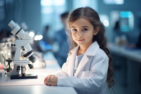 Girl Scientist with a Microscope in a Laboratoryの素材
