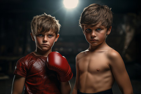 Boxer Boy with a Sparring Partner on a Gym Ring Backgroundの素材