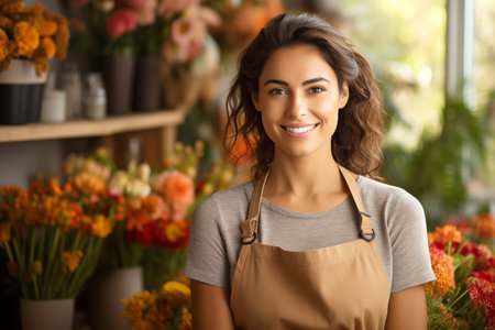 Happy Hispanic Woman in a Floral Apronの素材