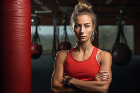 Fitness Woman with a Punching Bag. Motivational Posterの素材