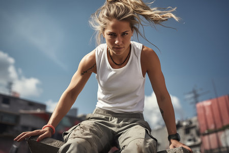 Female Parkour Athlete with Athletic Parkの素材