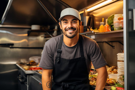 Male Chef in a Food Truck in the Street Food Sceneの素材
