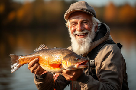 Happy Senior Man Holding a Big Fish with a Fishing Rodの素材