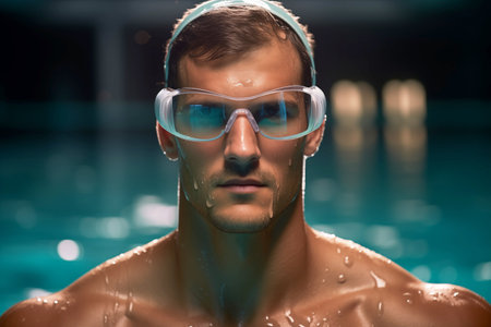 Male Competitive Swimmer with Swim Cap and Gogglesの素材