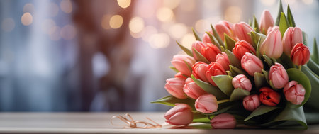 Charming tulips presented as a gift stand on the tableの素材