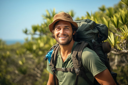 Smiling Man with Backpack and Binoculars on Mountain Backgroundの素材