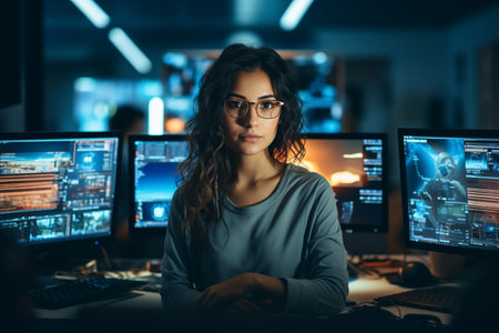 Young Female Web Developer with Multiple Screensの素材