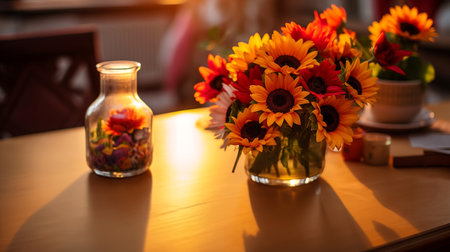 Flower on Table with Sunset Background in the Living Room.の素材