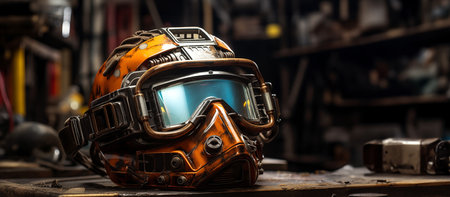 Welding Mask in Industrial Works. Banner with place for text.の素材