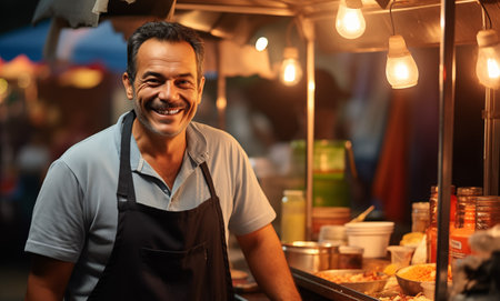Male Street Food Vendor with a Food Cart.の素材