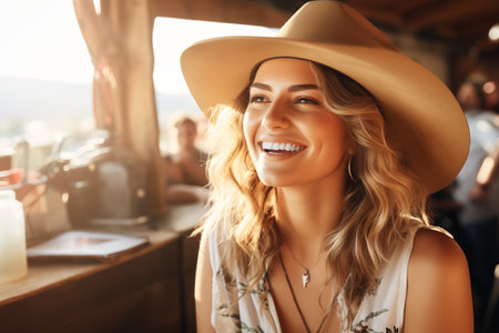 Happy Beautiful Woman in a Cowboy Hatの素材