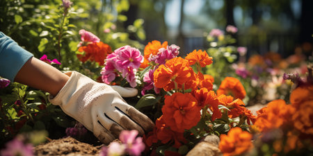 Gardening Gloves with Flowers on a Summer Backgroundの素材