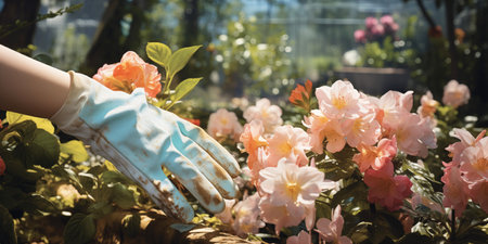 Gardening Gloves with Flowers on a Summer Backgroundの素材