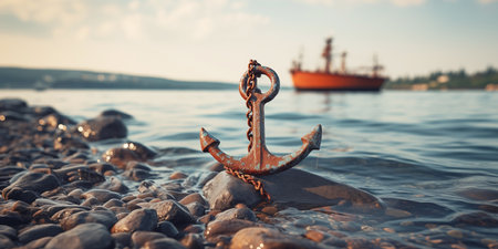 Ship Anchor on Sunset Background in Coastal Harborの素材