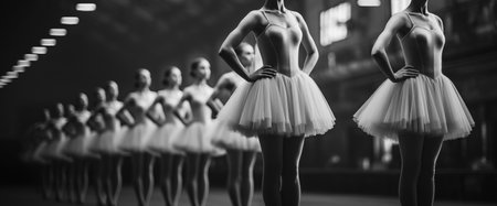 Dancing ballerinas in a white tutu. Black and white image.の素材