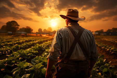 Farmer standing in the field of sunflower at sunset time.の素材