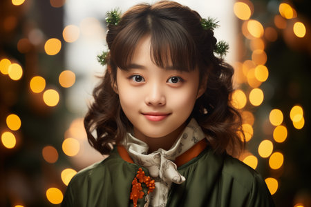 Smiling Chinese Girl on a Light Background in the Christmas Spiritの素材