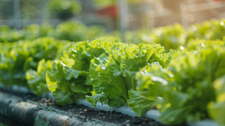 Innovative Hydroponics Cultivating Fresh Frillice Iceberg Salad in a Greenhouseの素材