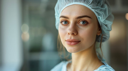 Dedicated Medical Professional. Portrait of Woman in Surgical Gown and Plastic Capの素材