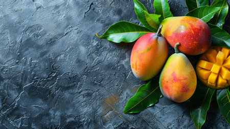 Artfully Arranged Ripe Mangoes on Stone Surface. Tropical Splendorの素材