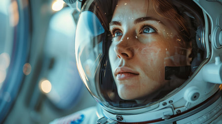 Portrait of a Female Astronaut on Space Exploration and Innovation. Beyond Earthの素材