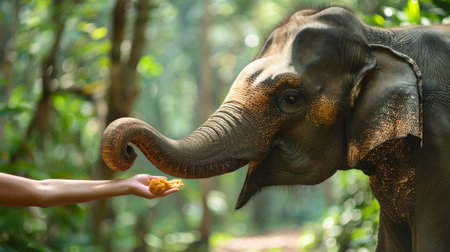 Jungle safari with hands holding out a treat to an elephant in the wildの素材
