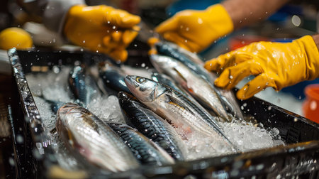 Fresh fish for sale in the fish market. Selective focus.の素材