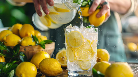 Lemonade stand with hands pouring refreshing lemonade into a cupの素材