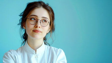 Portrait of a beautiful young girl in glasses on a blue backgroundの素材