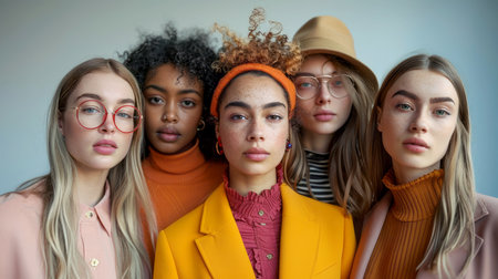 Multiethnic group of young women in casual clothes posing at studioの素材