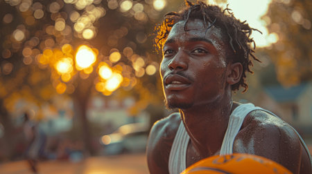 Portrait of young African American man playing basketball outdoors.の素材