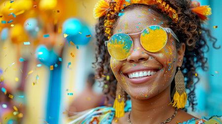 Portrait of a young African American woman wearing sunglasses and smilingの素材
