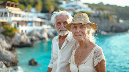 Portrait of happy senior couple looking at camera at luxury hotel resortの素材