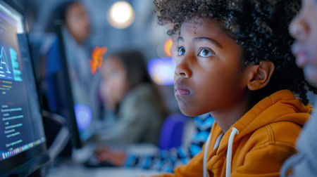 Portrait of African American boy using computer in gaming clubの素材