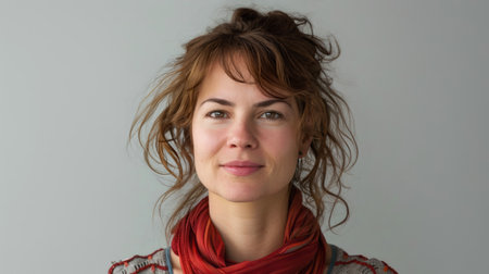 Portrait of a beautiful young woman with freckles and red scarfの素材