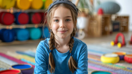 Close-up portrait of a girl with two pigtails and blue clothes in the playroomの素材