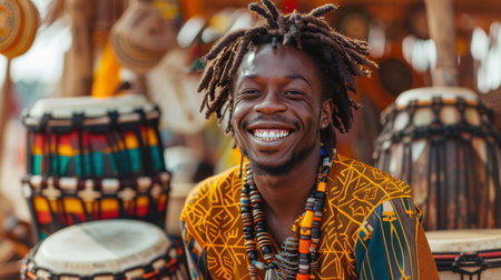 Portrait of smiling African man with afro dreadlocks playing traditional African drums.の素材