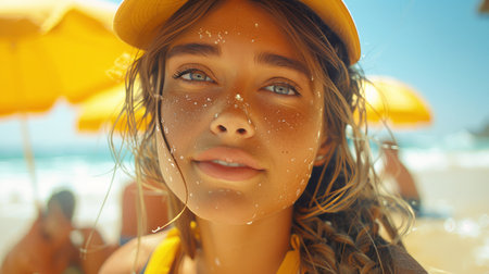 Close up Portrait of a female surfers catching waves in the distance, while beachgoers relax under colorful umbrellas, their leisurely activities painting a scene of tranquil coastal blissの写真素材